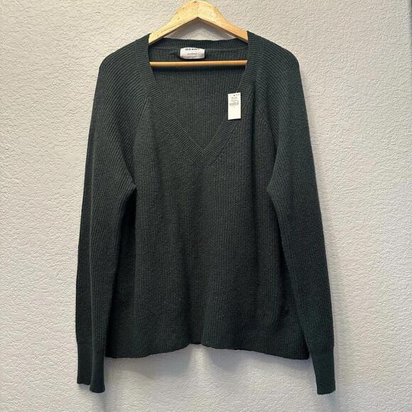 NWT GAP Olive Green Ribbed V-Neck Long Sleeve Sweater Wool Blend Womens Large - Picture 2 of 8